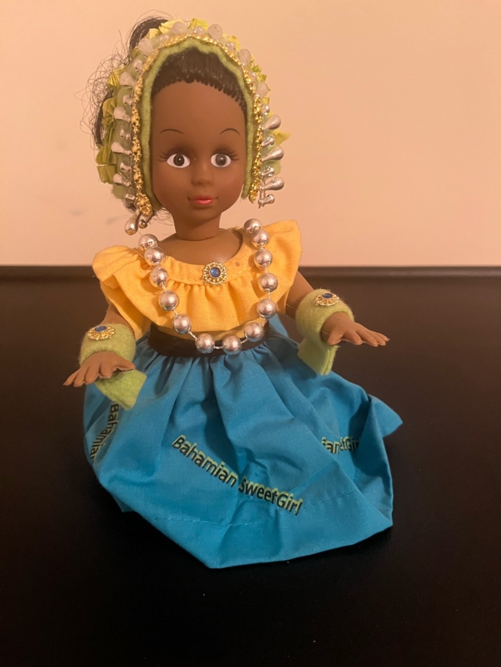 Vintage Bahamian Sweet Girl Souvenir Doll - Yellow Top & Blue Skirt